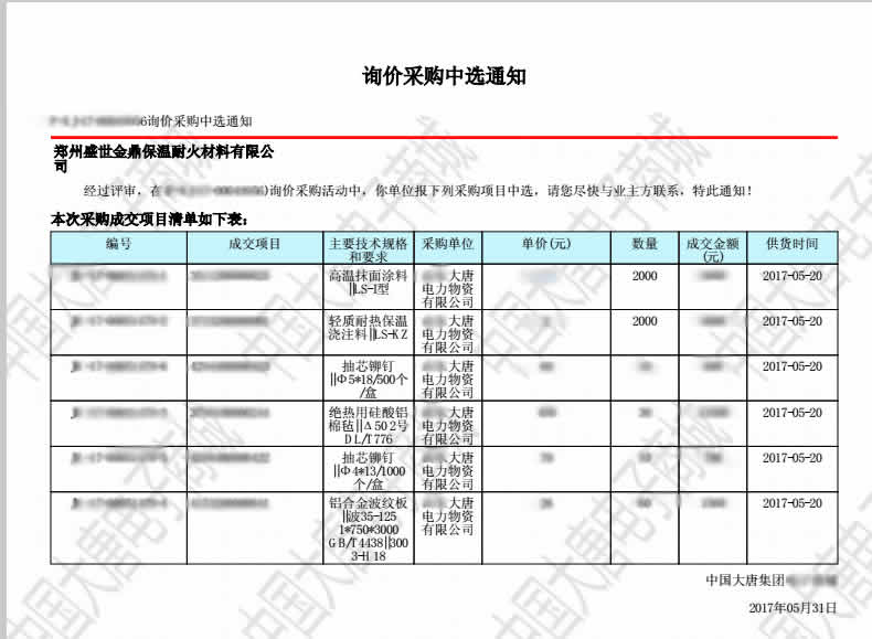 盛世金鼎中標(biāo)大唐集團(tuán)澆注料項(xiàng)目